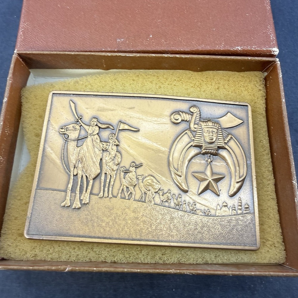 Vintage Masonic Shriners Zenobia Bronze Belt Buckle Scimitar Crescent Star Camel